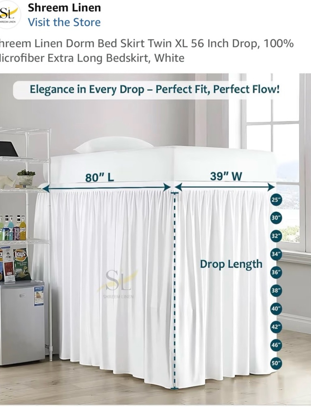 White Twin XL Bed Skirt - 56" Drop